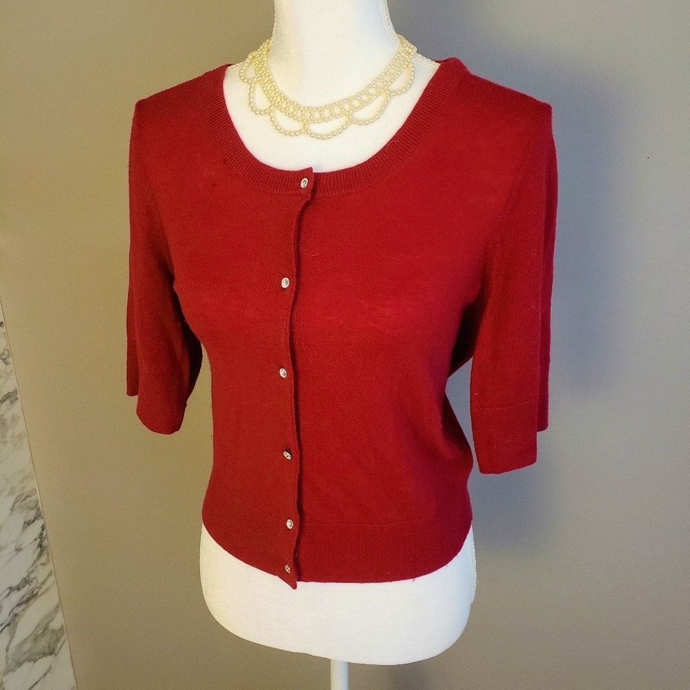 Elegant Express Red Rhinestone Cardigan Sweater